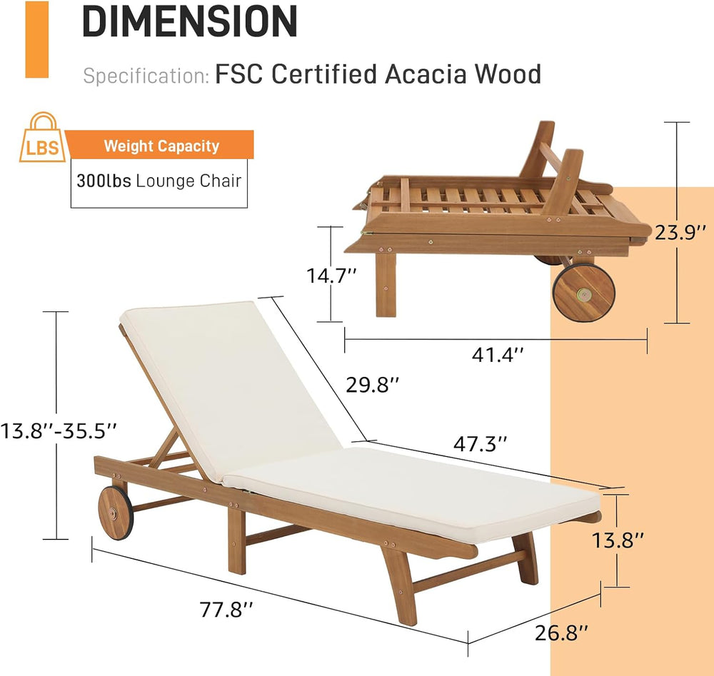 Patiorama Patio Acacia Wood Chaise Lounge Chair Set of 2, Pool Chair, Cream