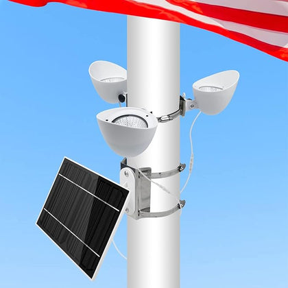 Solar Flag Pole Light, 3 Super-Spotlights LEDs, Adjustable Metal Clamps Fits 2-6''Flag Poles, IP65 Waterproof Outdoor Solar Powered Flagpole Lights, 360 Degrees of Flag Illumination, White