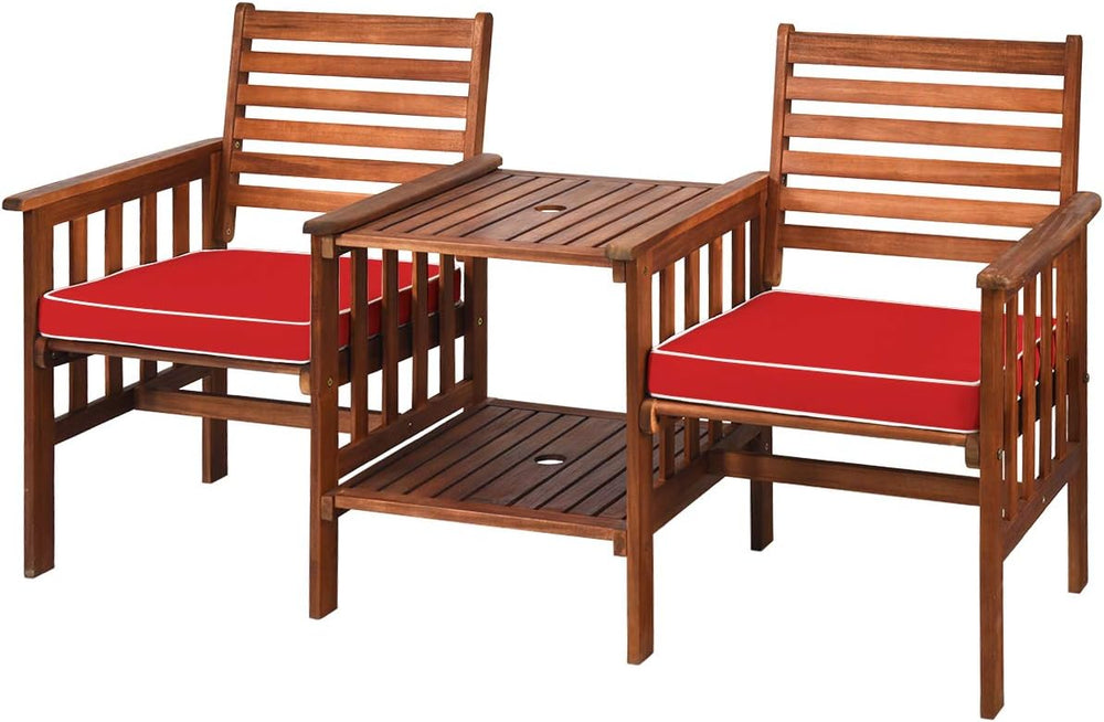Tangkula Acacia Wood Loveseat, 3pcs Outdoor Table Chairs Set, Patio Conversat...