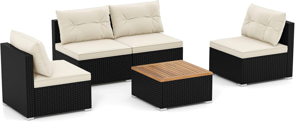 RELAX4LIFE 5-Piece Wicker Outdoor Furniture - PE Rattan Sectional Conversatio...