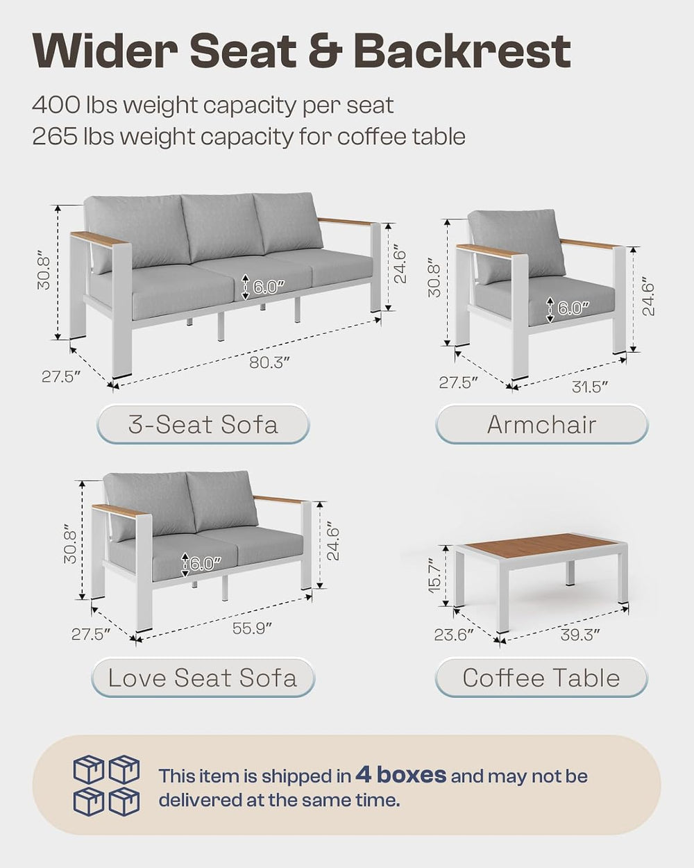 Aluminum Outdoor Patio Furniture Set with Coffee Table, 5 Piece Patio Convers...