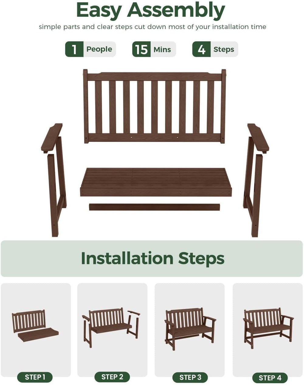 48" HDPE Weatherproof Outdoor Bench, Garden Porch Benches, Brown