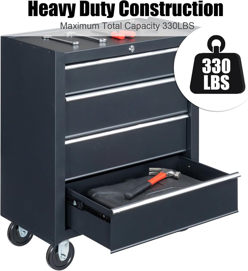 4 Drawer Rolling Tool Cabinet, Lockable Steel Tool Chest, Black