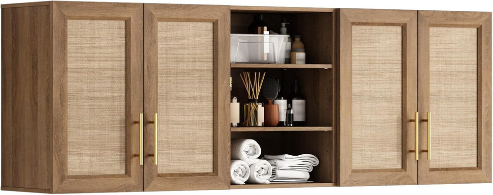 RUSTOWN 63.2" Rattan Laundry Room Cabinets, Large Wall Cabinet for Kitchen