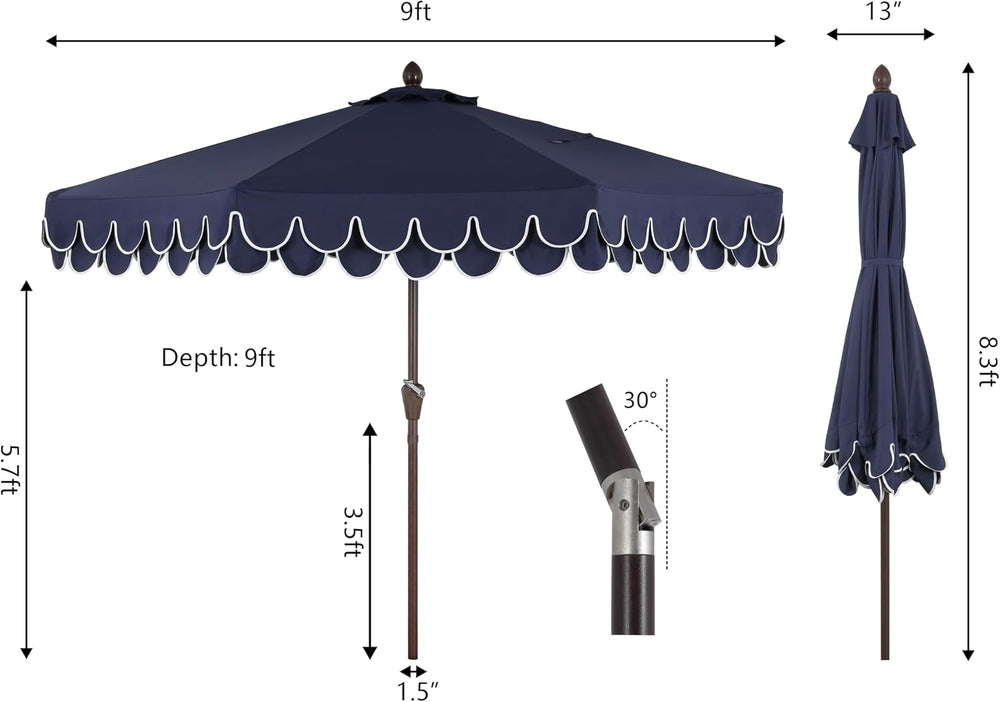 JONATHAN Y Tracy 9' Scalloped Market Patio Umbrella, Navy/Dark Brown