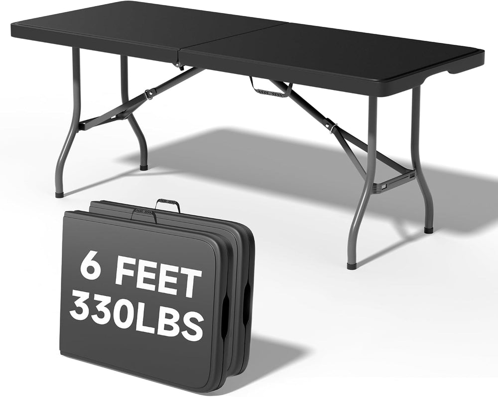 6 Foot Folding Table Black, Sturdy 330LBS Capacity, Reinforced Steel Legs, Fo...
