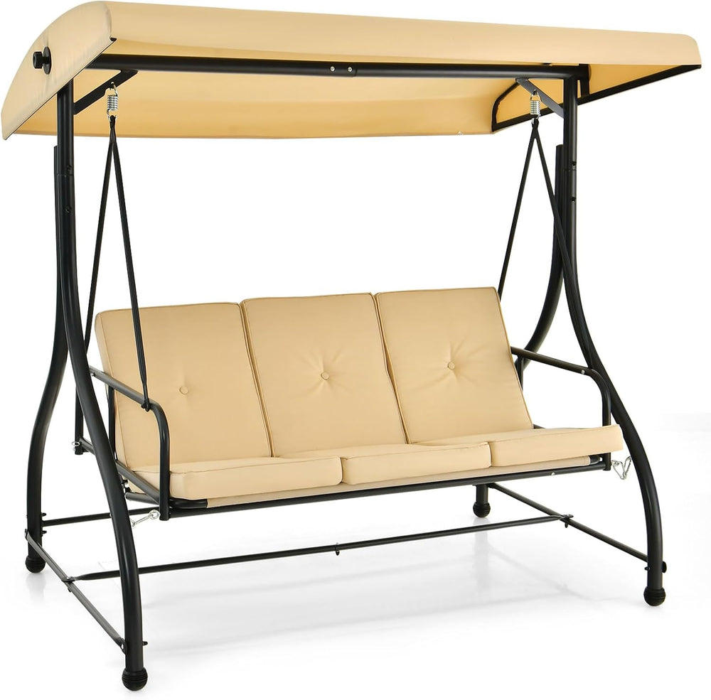 HAPPYGRILL 3 Seat Outdoor Porch Swing with Adjustable Canopy & Foot Pad
