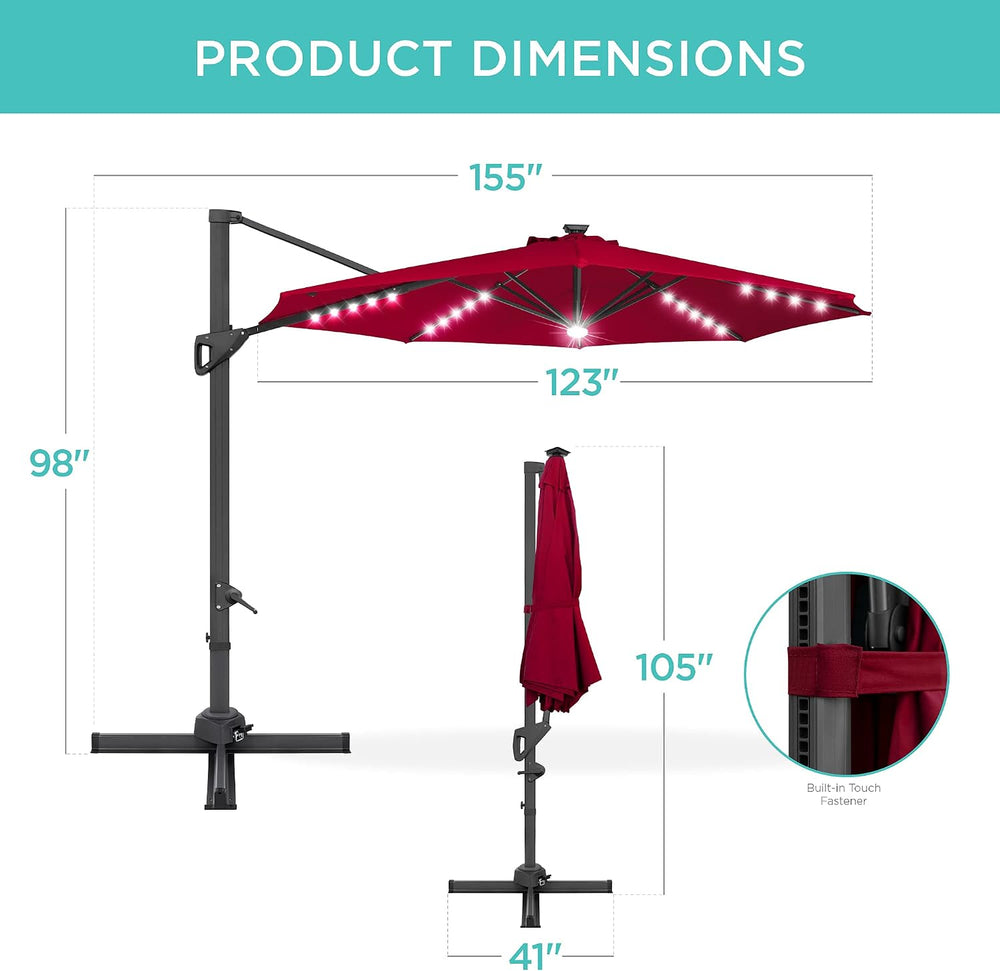Best Choice Products 10ft Solar LED Cantilever Patio Umbrella, 360-Degree Rot...
