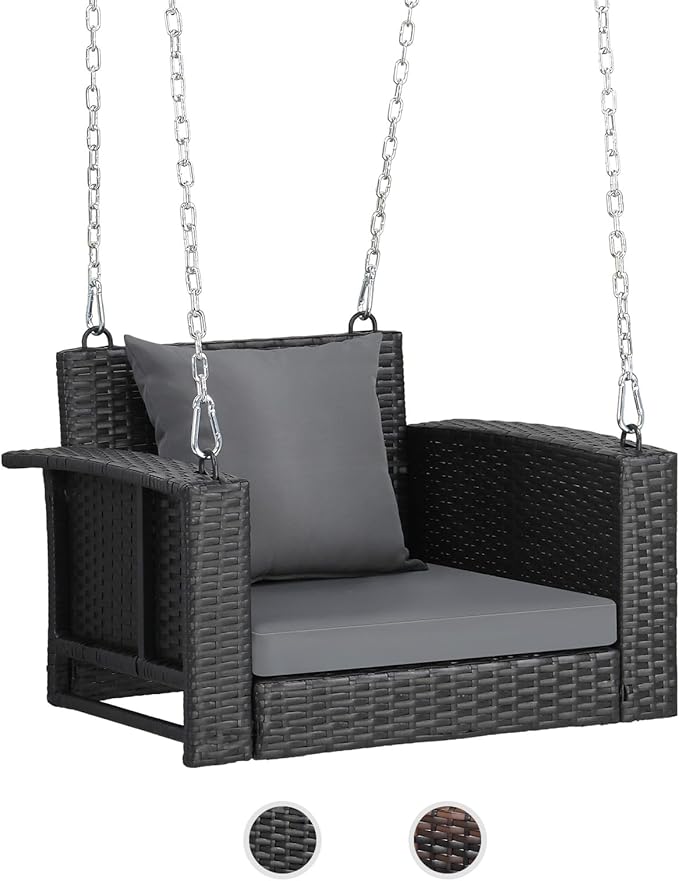 VINGLI 2.2 FT 1-Person Use Rattan Porch Swing Outdoor Support 440 LBS with Cu...
