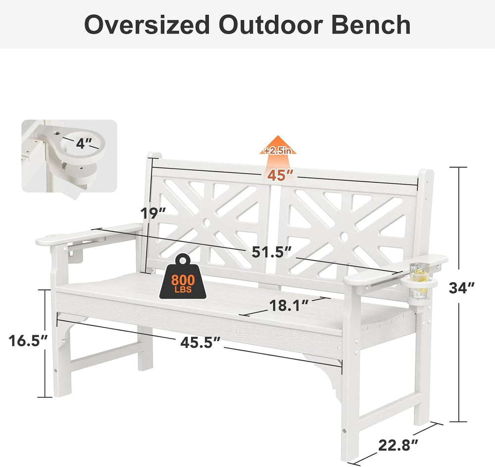 Oversized Outdoor Bench with Cup Holders, 51.5” HDPE Aesthetic Garden Bench f...