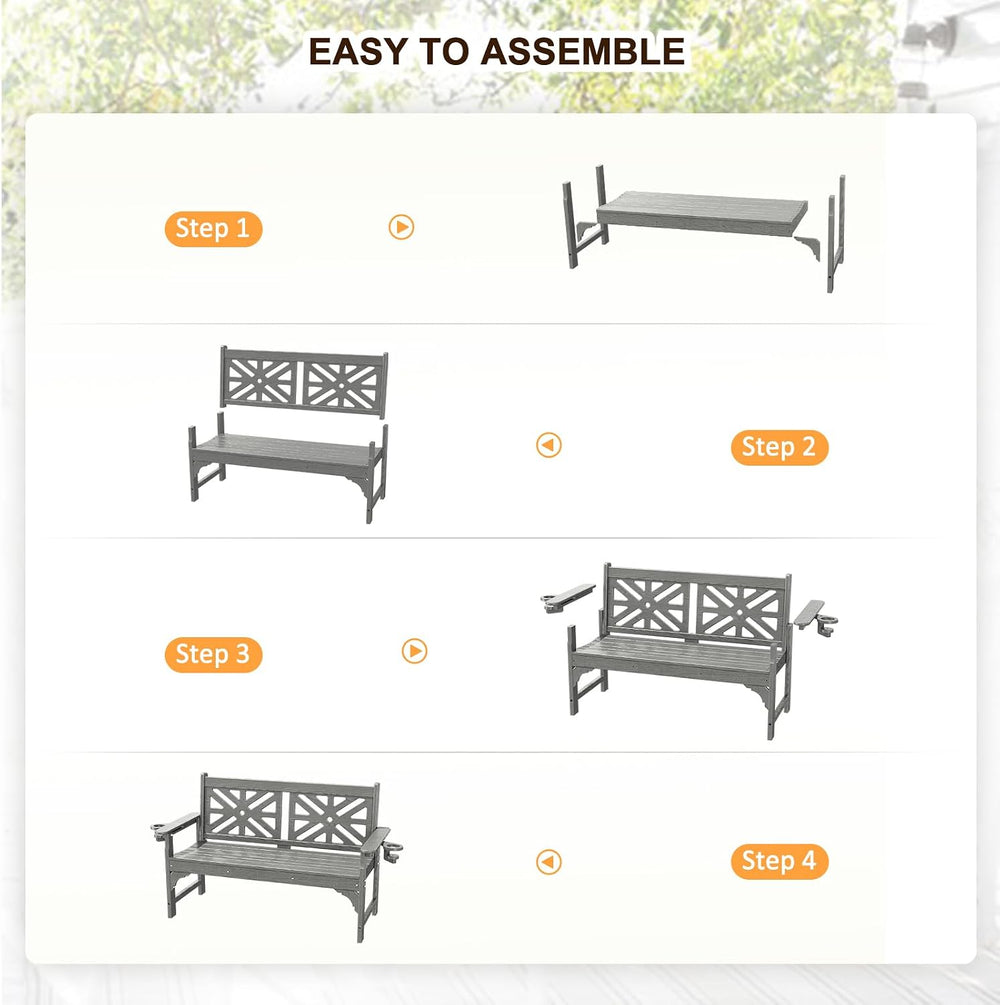 nalone Outdoor Bench with Cup Holders, HDPE Porch Bench Fade Proof (Grey)