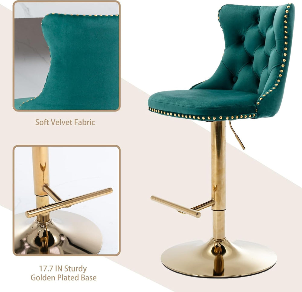 Green Velvet Bar Stools Set of 4, Upholstered Bar Chairs, Gold Bas