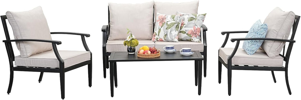 4-Piece Patio Furniture Set, Wider Outdoor Metal Seating Sofa with High Back ...