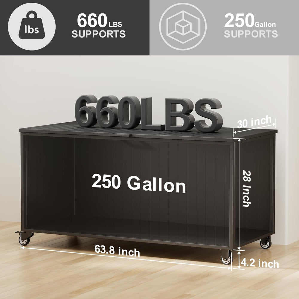 250 Gallon Metal Large Outdoor Deck Box with 4 Wheels, Black