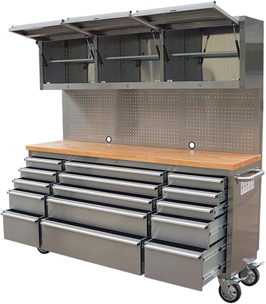 72 inch 15 Drawers Tool Chest with 3 Up Cabinet & Pegboard in Stainless S...