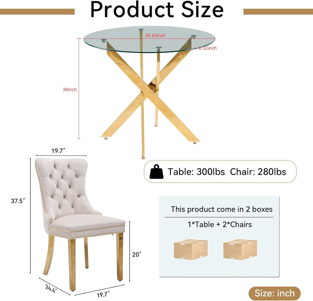 36" Modern Gold Glass Dining Room Table Set for 2, 3-Piece Round Kitchen...