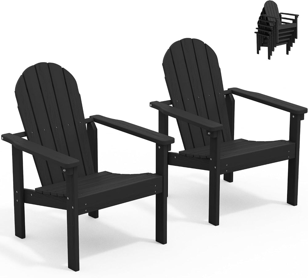 SERWALL HDPE Stackable Adirondack Chairs Set of 2,Space-Saving, Black