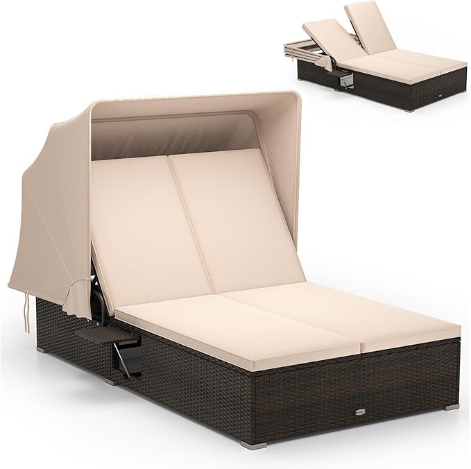 RELAX4LIFE Outdoor Daybed with Retractable Canopy - Wicker Double Chaise Loun...