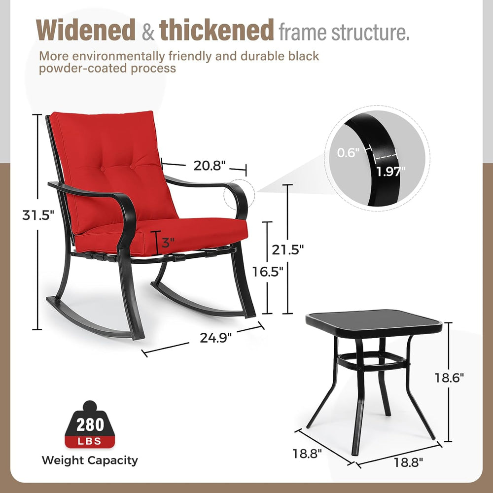 SOLAURA 3-Piece Outdoor Rocking Chairs Bistro Set, Black Iron Patio Furniture...