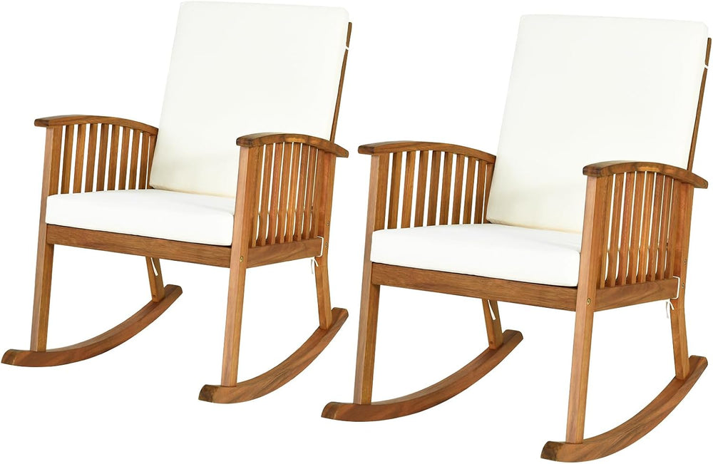 2PCS Rocking Chair Outdoor, Acacia Wooden Rocker Chair with Seat and Back Cus...