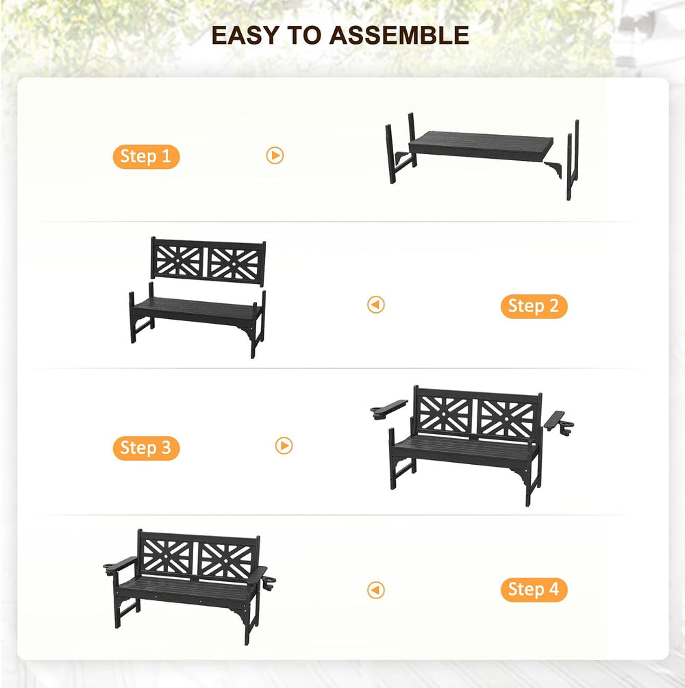 nalone Outdoor Bench with Cup Holders, HDPE Porch Bench Fade Proof (Black)