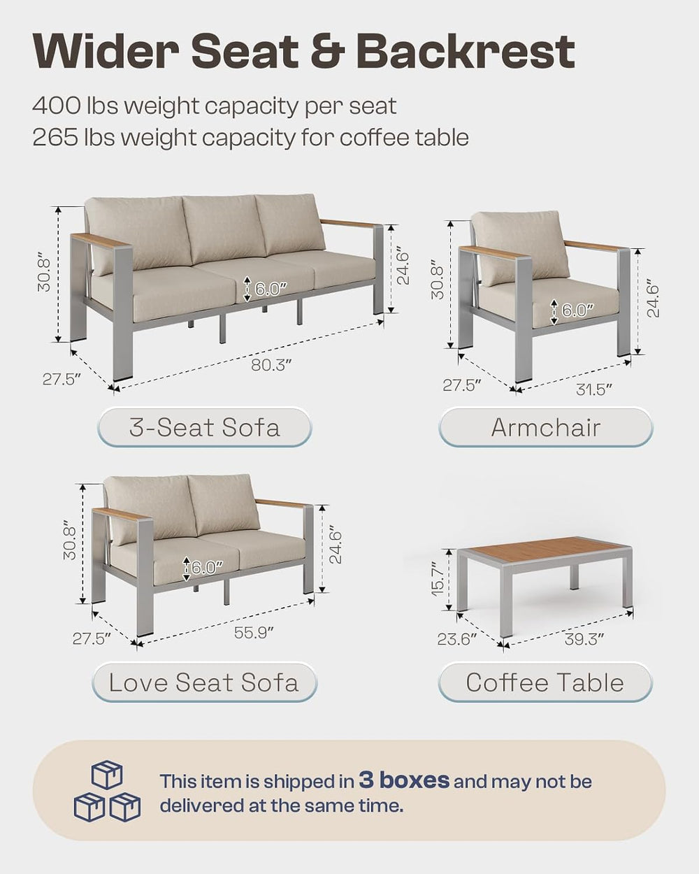 Aluminum Outdoor Patio Furniture Set with Coffee Table, 4 Piece Patio Convers...