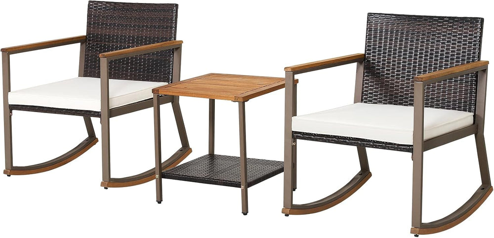HAPPYGRILL 3 Piece Rocking Bistro Set, Outdoor PE Wicker Rocking Chair with C...