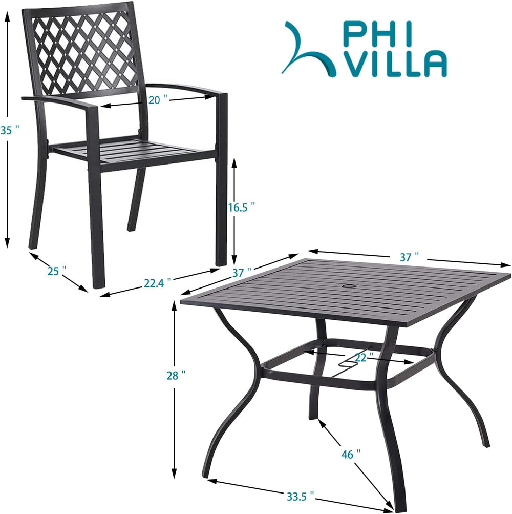 PHI VILLA Patio Dining Set, 4 Stackable Chairs &Square Metal Table