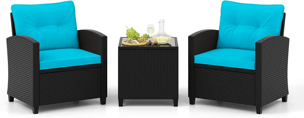 Tangkula 3 Piece Patio Furniture, Rattan Conversation Set w/Soft Seat & B...