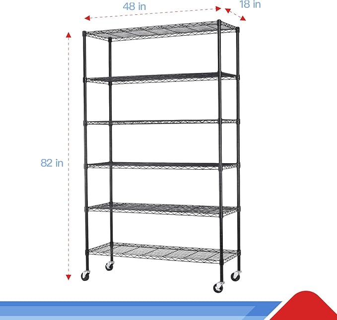 BestOffice | 6-Tier Wire Storage Shelves with Wheels | 18x48x82 | Black | Adj...