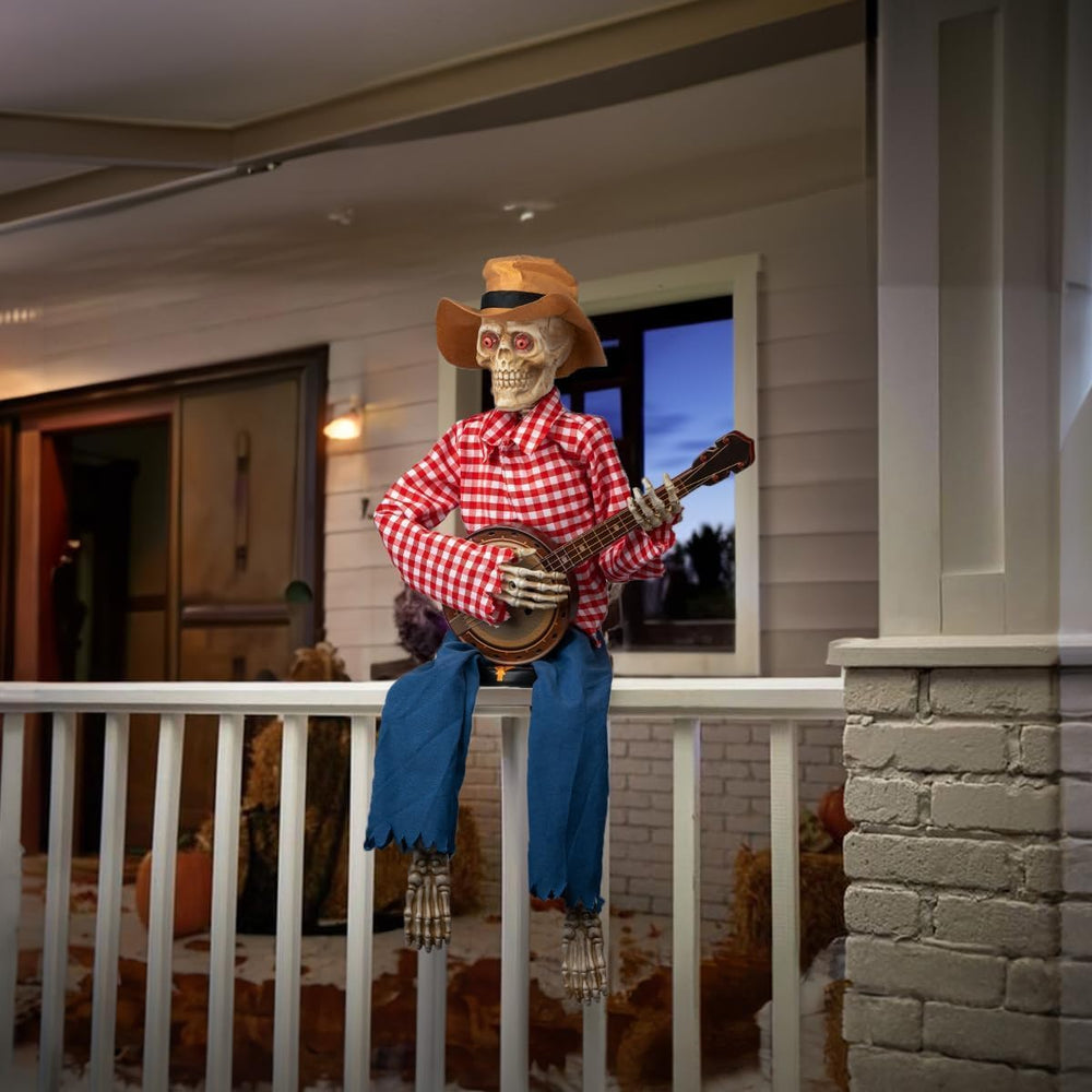 39" Halloween Animatronic Banjo-Playing Skeleton - Animated Scarecrow Co...