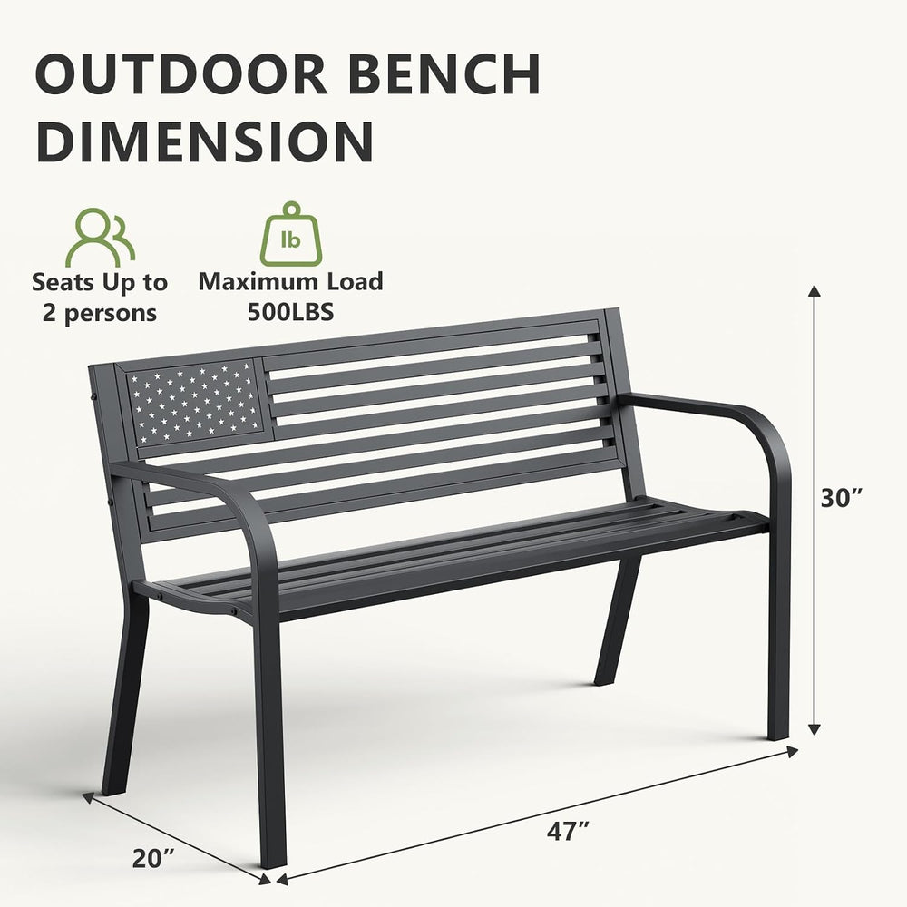 Outdoor Garden Bench with Classic Stars and Stripes Metal Backrest 2 Pack, Me...