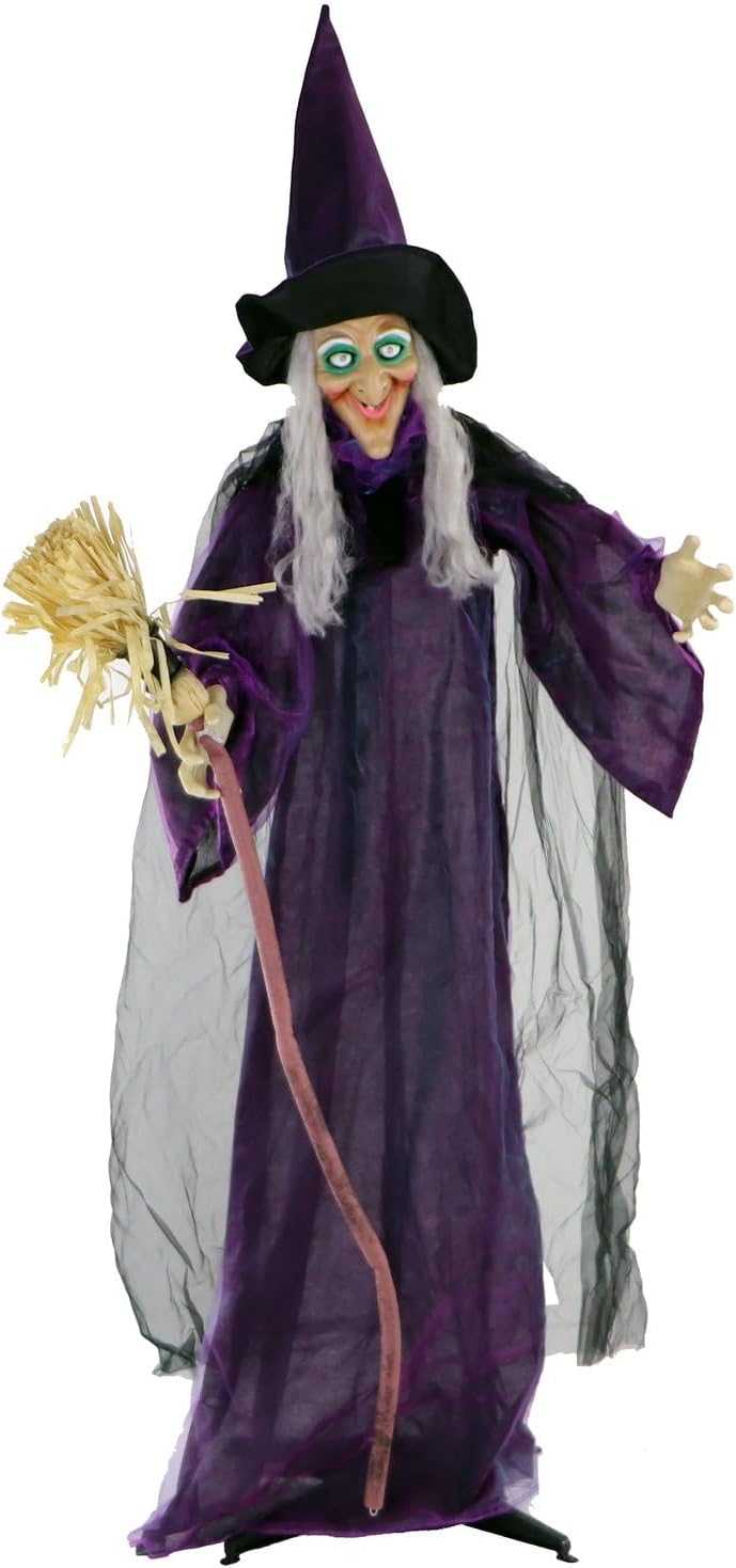 Haunted Hill Farm Life-Size Scary Talking Witch with Broomstick, Halloween An...