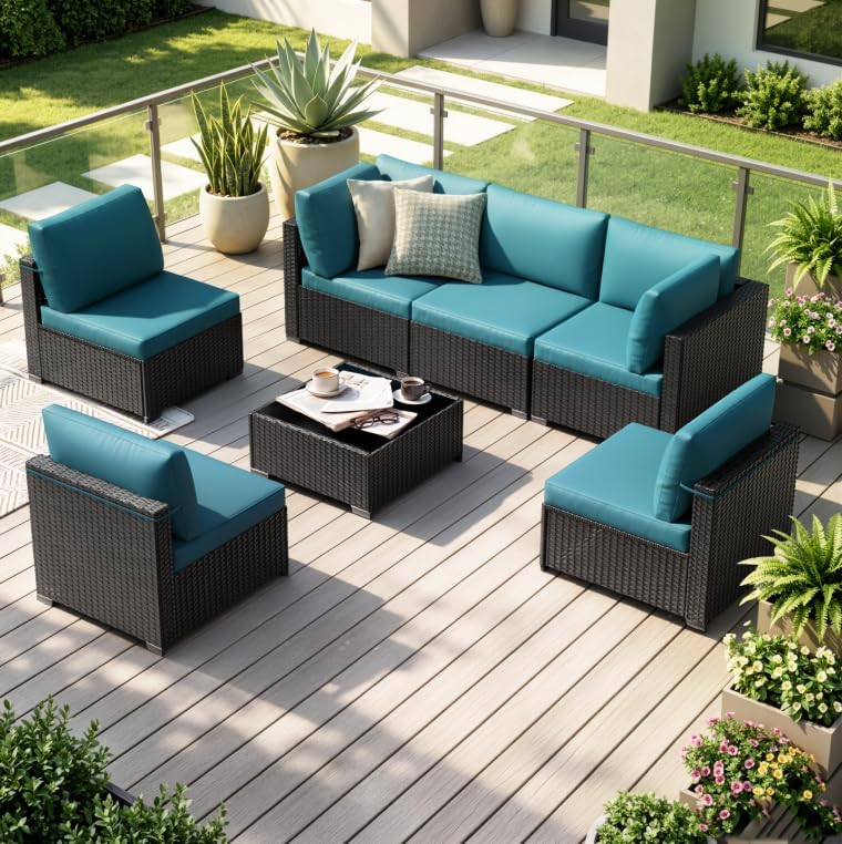 KIGOTY 7-Piece Patio Furniture Set, All-Weather PE Rattan Outdoor Sectional S...