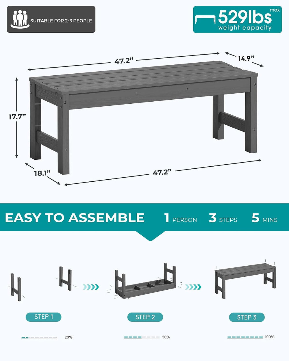 SERWALL 47 Inches Backless Outdoor Bench for 2-Person, Grey