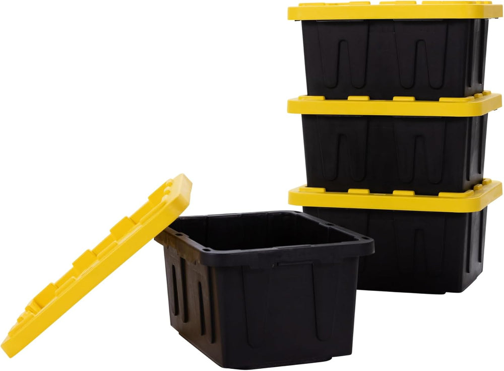 Plastic 5-Gallon Storage Tote with Lockable Lid, 4-Pack - Black/Yellow