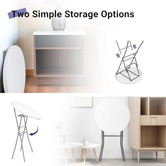 28in Cocktail Table White High Top Folding, Round Portable Bar Height Folding...