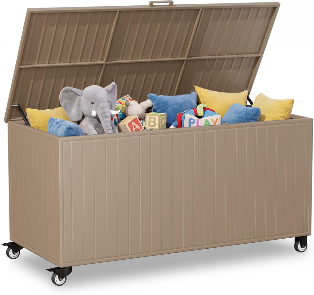 250 Gallon Metal Large Outdoor Deck Box with 4 Wheels, Brown