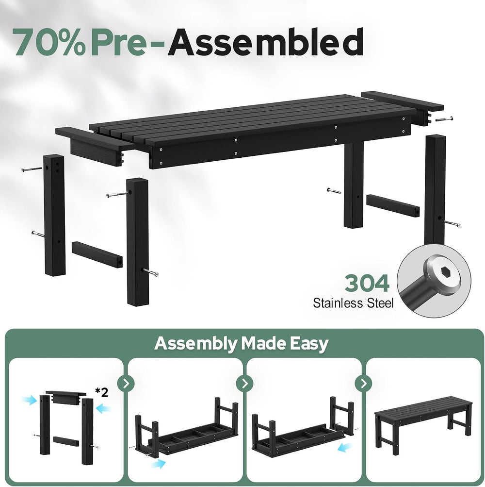 Psilvam 48” HDPE Outdoor Bench, 2-Person Backless Garden Bench, Black