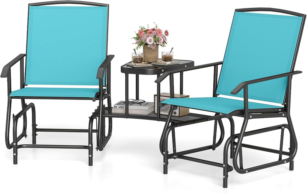 Tangkula 2-Seater Outdoor Glider Bench with 2-Tier Center Table (Turquoise)