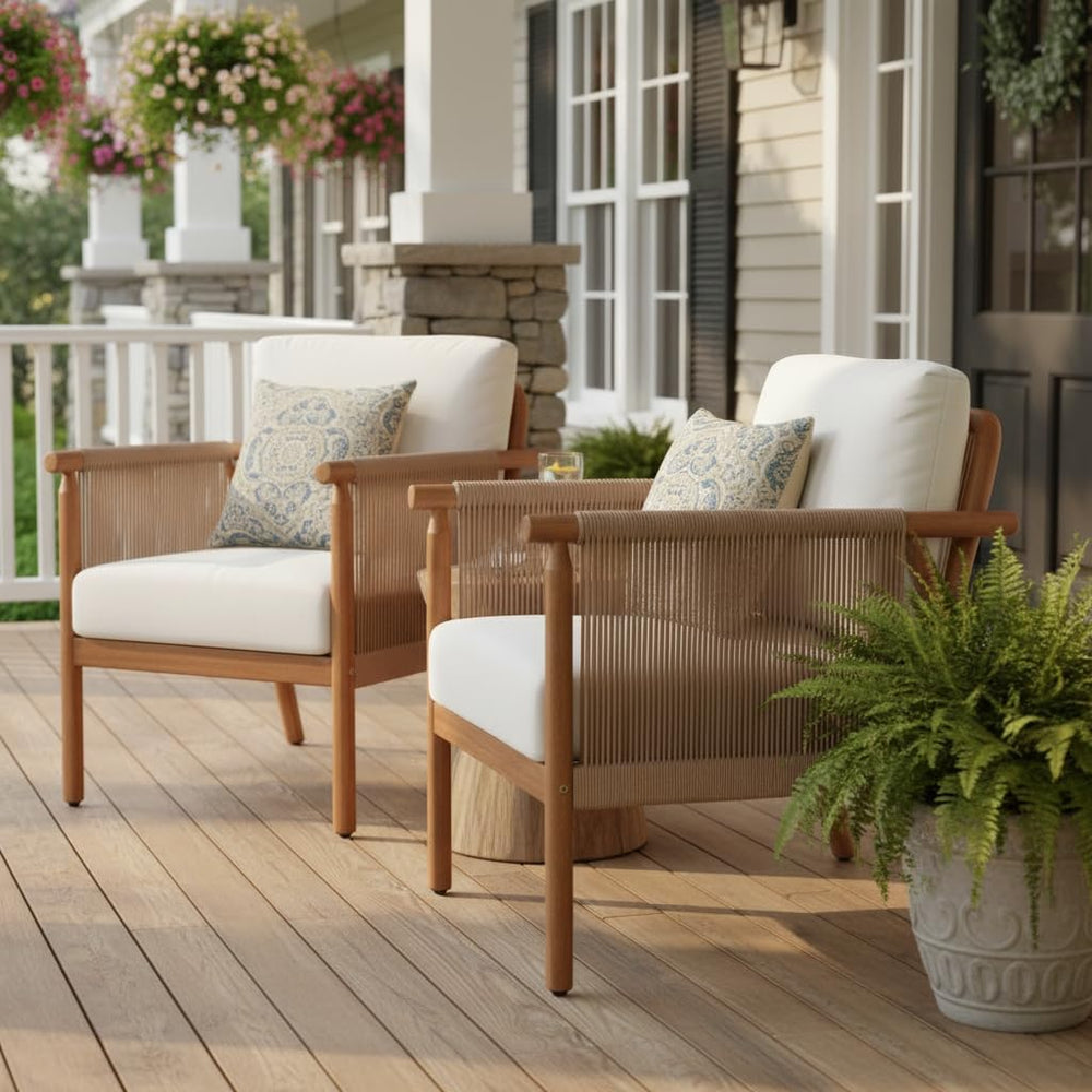 Tangkula Acacia Wood Patio Club Chair, Boho Accent Chair with Woven Rope Armr...