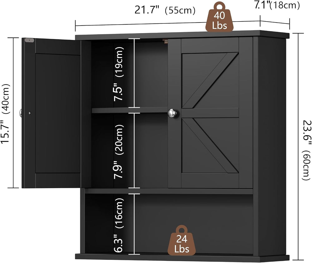 Black Bathroom Wall Cabinet with Adjustable Shelf & Barn Doors
