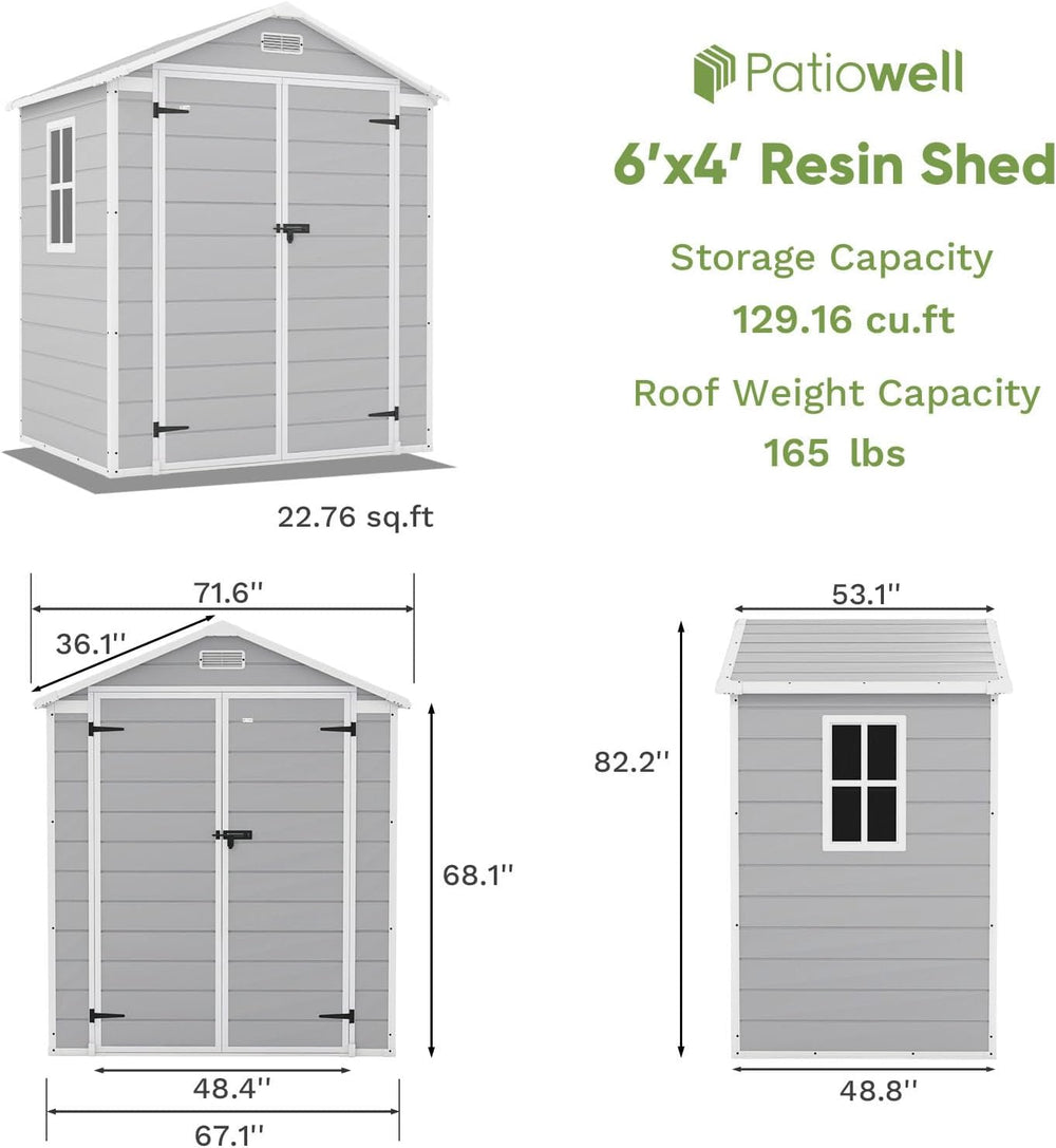 Patiowell 6x4 FT Resin Outdoor Storage Shed with Floor, Light Gray
