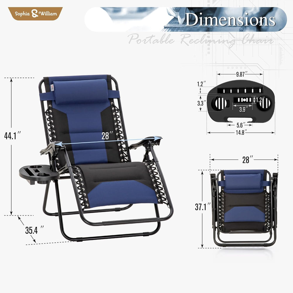 Padded Outdoor Zero Gravity Chair Set of 2, Cup Holder, 28in Seat, Blue | Fol...