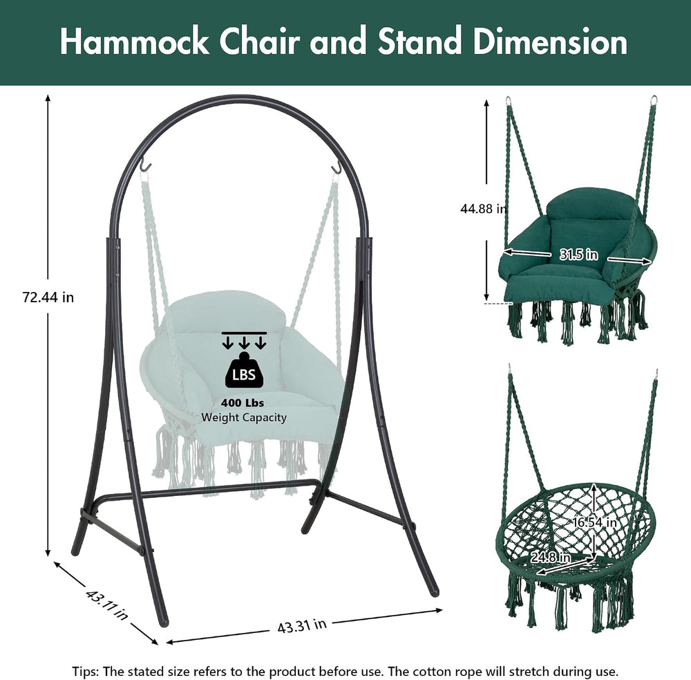 ANOW Heavy Duty Macrame Hammock Swing Chair with Stand, Green Hanging Chair