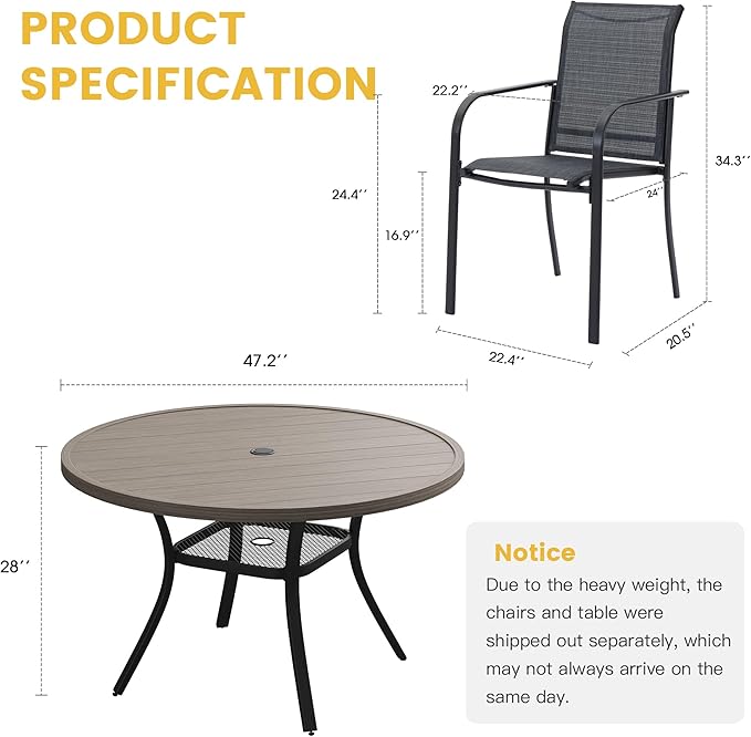 VICLLAX Patio Dining Set for 6, 7 Pieces Outdoor Furniture Set- 47" Roun...