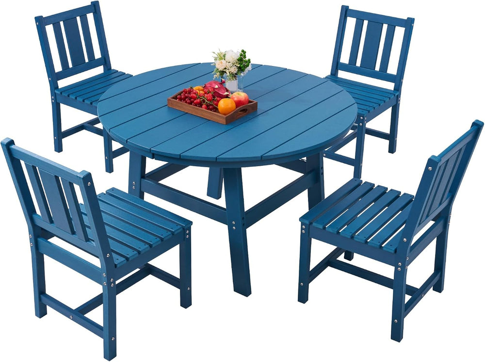 AMERLIFE Outdoor Dining Set for 4, HDPE Round Table and Chairs, Blue