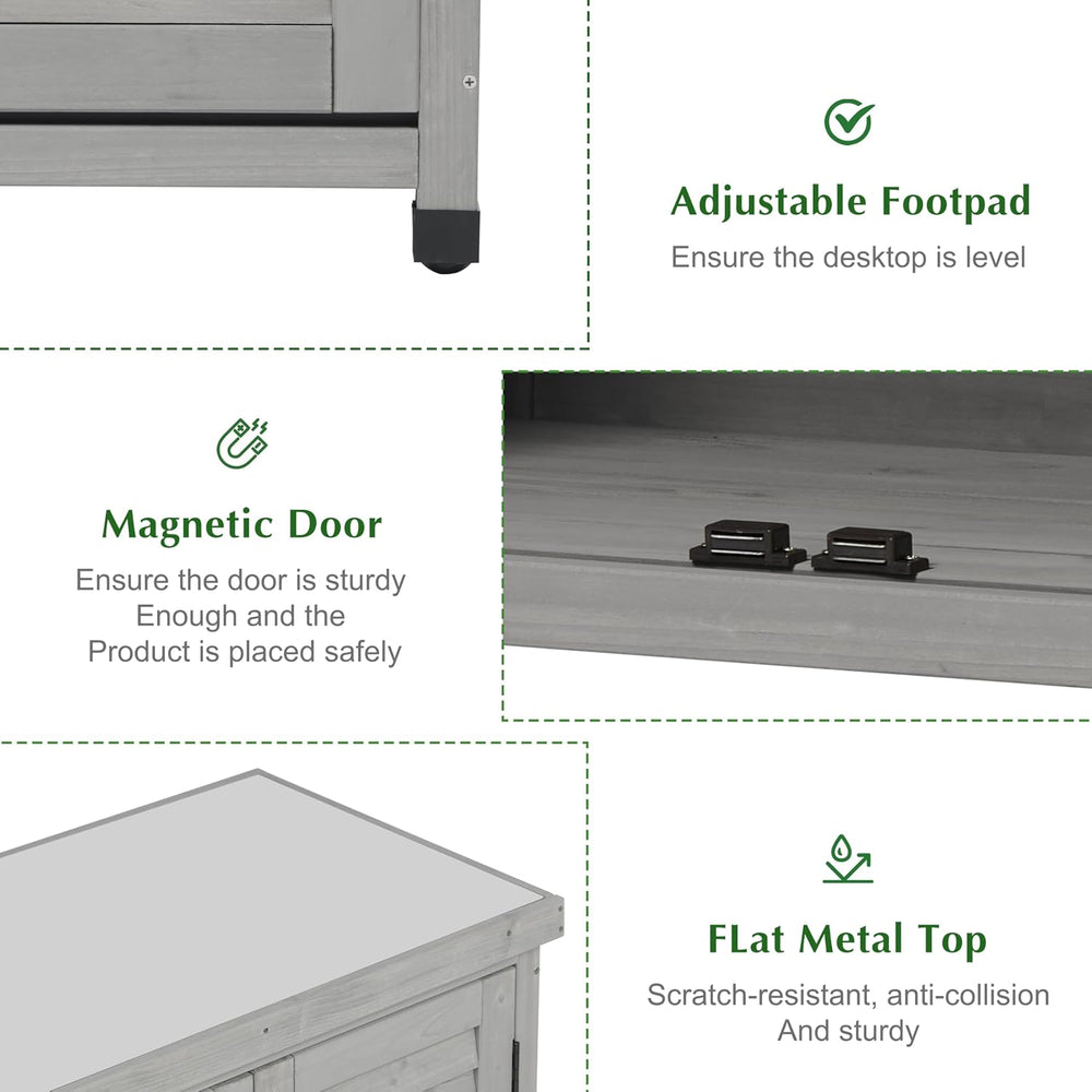 Outdoor Storage Cabinet & Potting Bench Table with Metal Top, Wooden Pati...