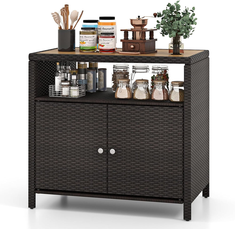 Rattan Storage Cabinet, Outdoor & Indoor Sideboards with Acacia Wood Coun...