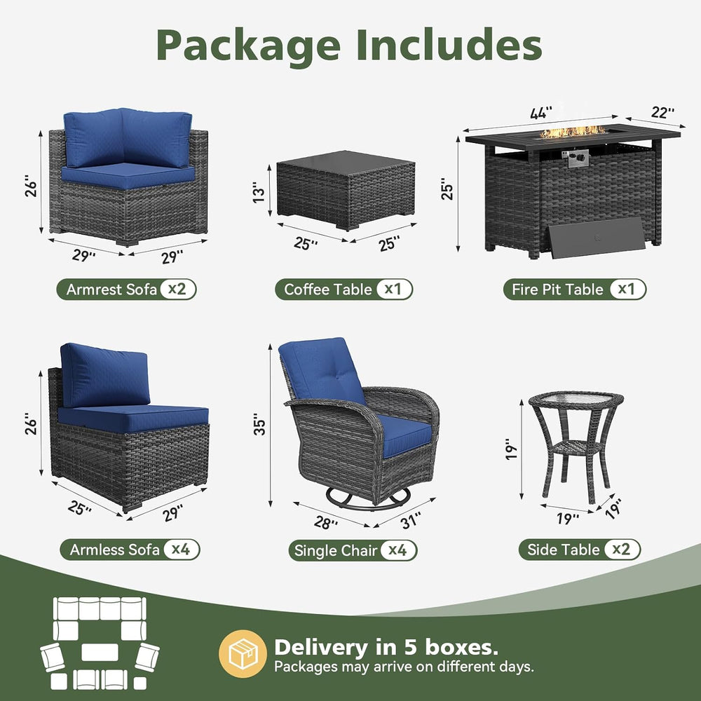 Aoxun 14 Piece Outdoor Patio Furniture Set with 44'' Fire Pit Table, ...
